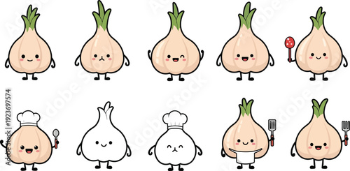 Cute cartoon garlic characters with different emotions and accessories