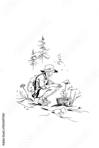 Forager Collecting Chanterelle Mushrooms in Forest