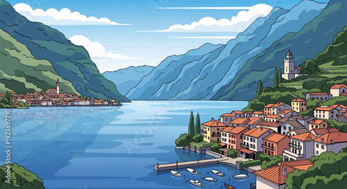 Serene lakeside village nestled amongst lush green mountains under a blue sky