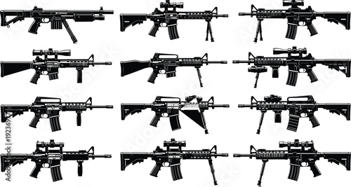 Assault rifle collection vector illustration, tactical firearms with scopes and bipods, military weapon silhouettes isolated on white background, firearm silhouettes