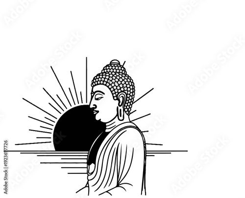 Serene Buddha profile gazes left with sun rising behind