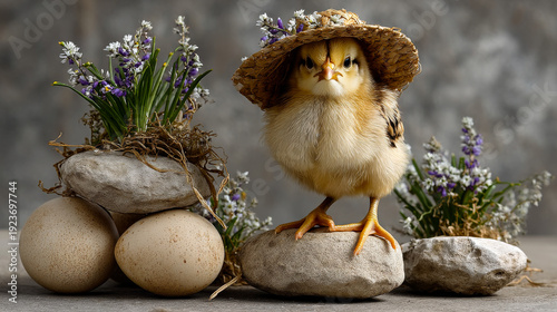 Chick with a hat near eggs and flowers. A chick wears a straw hat while standing near rocks and eggs with flowers around. It is springtime in a garden setting.