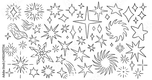Crayon and Brush Hand Draw Twinkle Star Doodle Set, Shooting Spark Firework. Freehand Scribble Pen Sketch Icon Shape Kit. Black Star Shapes with Chalkboard Grunge Texture. Abstract Art Illustration.