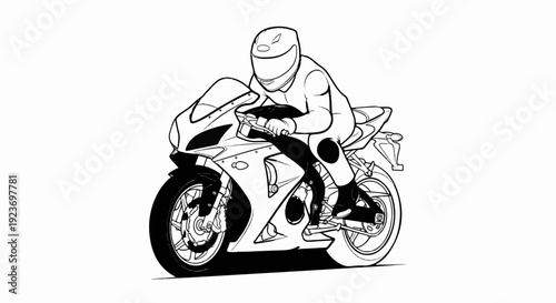 Racer on sport motorcycle, black outline drawing on white background