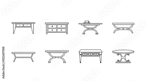 Collection of Coffee Table Line Drawings, Various Styles, Isolated