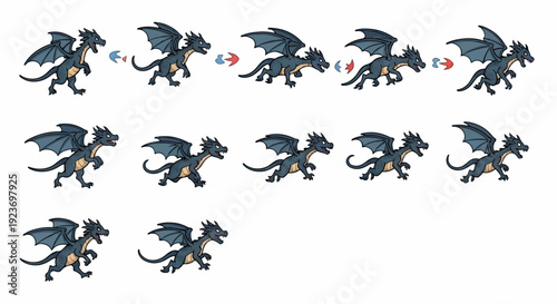 Sequence of a stylized pixelated dark blue dragon in various running poses