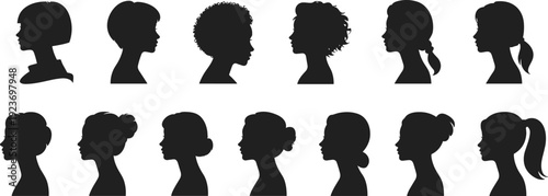 Ten black silhouette profiles of women with various hairstyles against a white background