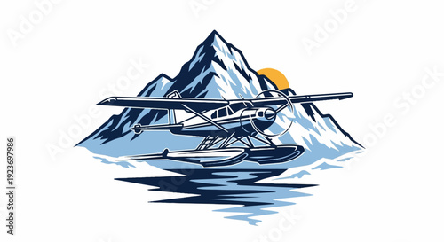 Seaplane soars over snowy mountains at sunset