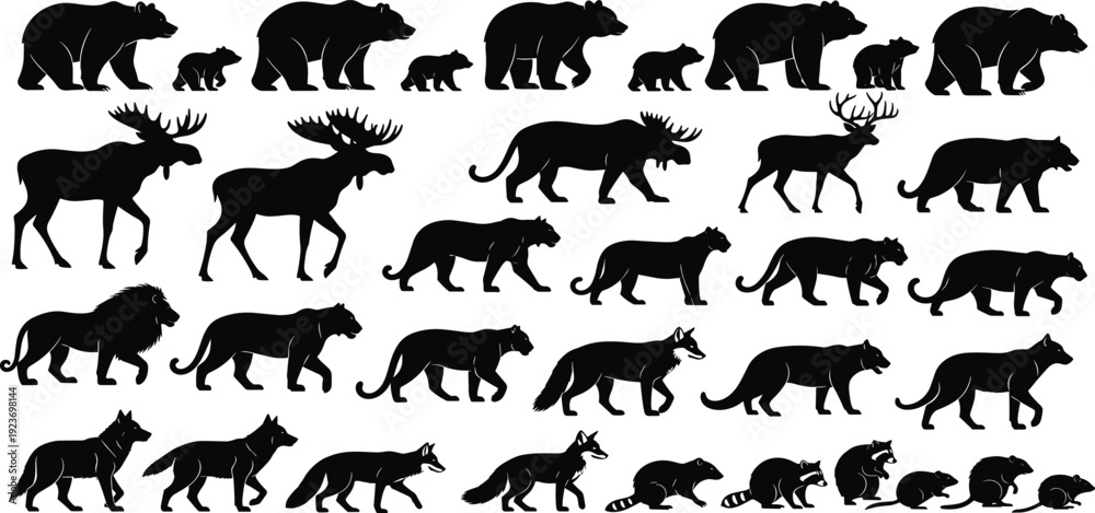Obraz premium Black silhouettes of various wild animals, including bears, moose, deer, lions, wolves, foxes, raccoons, and rodents, isolated on white background.