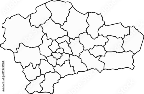 Outline map of a region divided into multiple distinct administrative areas