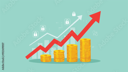 Financial security and investment growth are visualized with rising arrows, stacks of gold coins, and protective lock icons.