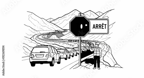 Mountain road traffic jam with worker directing cars and stop sign