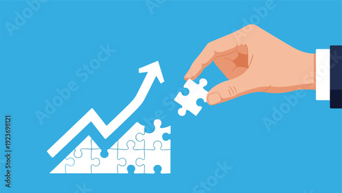 Business success and financial growth strategy is depicted by a hand completing a puzzle that forms a rising arrow graph.