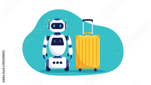 Modern service robot stands next to a yellow travel suitcase on a blue background representing automated hospitality help.