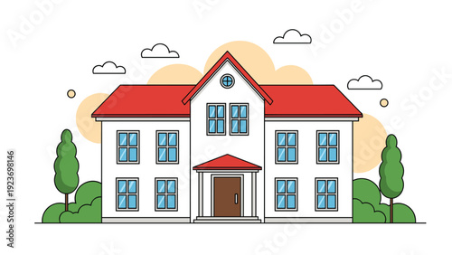 Two-story white suburban house with a red roof is surrounded by green trees and bushes under a soft orange and white sky.