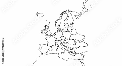 Outline map of Europe with national borders, showing countries