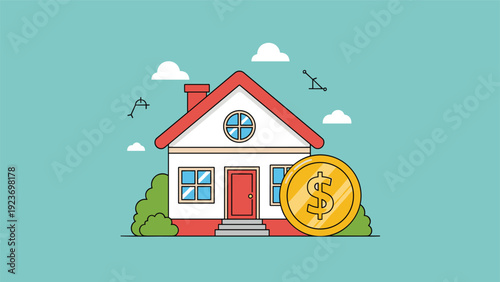 Real estate investment and home value concept displays a house next to a large gold dollar coin representing property equity.