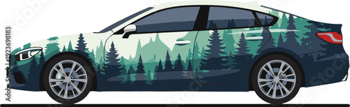A car with a forest design on the side parked on a white background