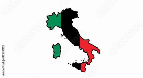 Outline map of Italy divided into green, black, and red sections