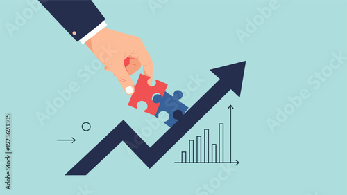 Business growth strategy and problem solving are represented by a hand placing puzzle pieces into a rising arrow graph.