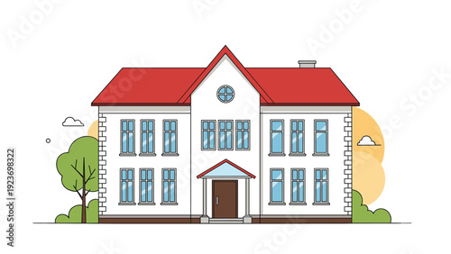 Classic architectural style apartment building or large house featuring multiple windows, a red roof, and lush green trees and shrubs.