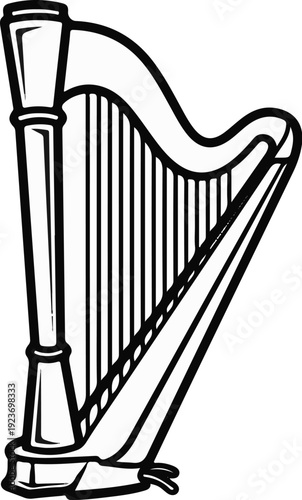 Outline of a classic concert harp with a pillar, soundboard, and strings