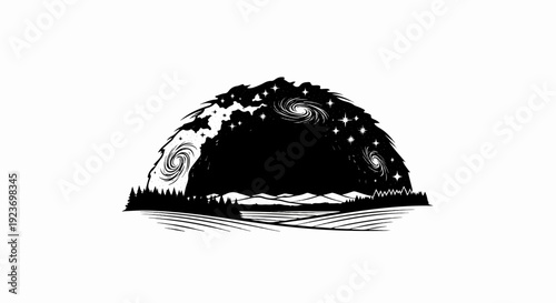 Mountain opens to reveal a swirling galaxy and starry night sky