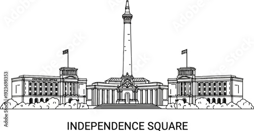 Monumental architecture with symmetrical wings and flanking buildings, a landmark