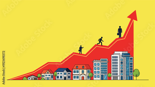 Professional career advancement and urban development depicted with figures walking up a growing red arrow above various building sizes.