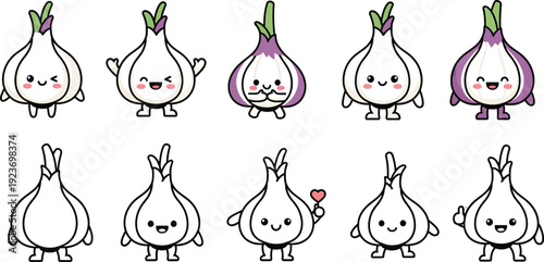 Cute cartoon onions with different facial expressions and gestures