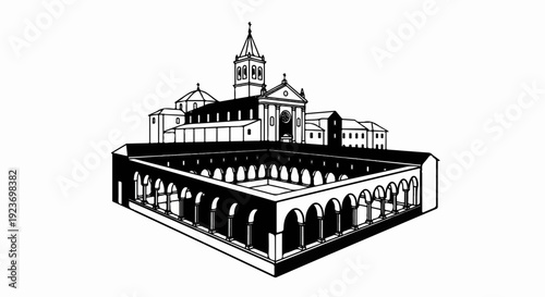 Monochrome sketch of a historical building complex with a cloister
