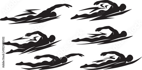 Swimmer Silhouettes in Various Stroke Positions and Motions Underwater
