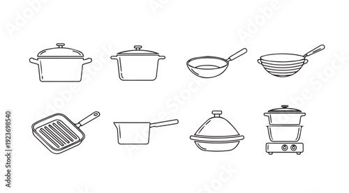 Collection of Cooking Pots and Pans Line Art Icons, Kitchenware Vector Set