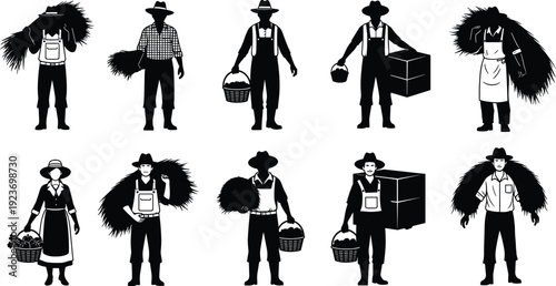 Black silhouettes of farmers and agricultural workers harvesting crops carrying baskets and hay isolated on white background for rural industry design