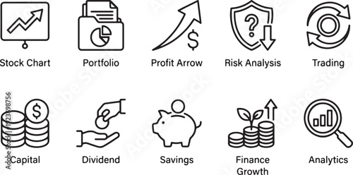 Financial growth and investment concepts flat design vector illustration with stock chart, profit, risk analysis, capital, dividends, and savings icons