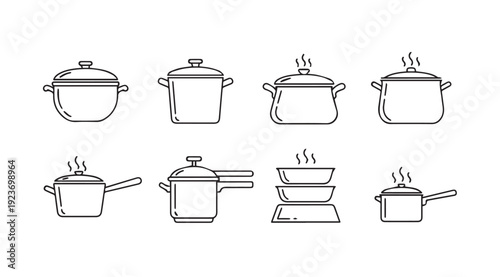 Collection of cooking pots and pans with steam, line art icons