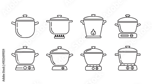 Collection of cooking pots and stovetops icons, line art, kitchenware, cooking equipment