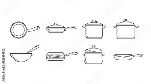 Collection of Cookware Line Art Icons: Pots, Pans, Woks, and Grills