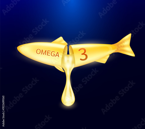 Drop fish oil shining orange out of the omega 3 capsule in fish shape. For design dietary supplement products. 3D Vector.
