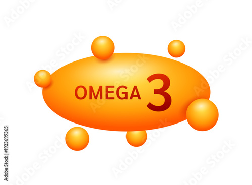 Omega 3 nutrients supplemental shining orange radius ring fish oil vitamin surround. Benefits of improving mental, heart, eyes, bones health, lower cholesterol level. 3D Vector.