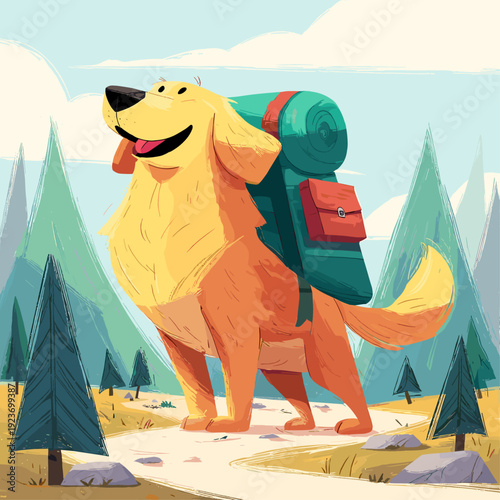 Golden Retriever Wearing Hiking Backpack Outdoors