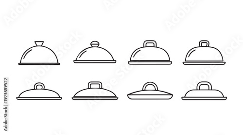 Collection of different food cloche lids, simple line art icons, isolated on white background