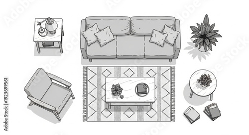Living room furniture arrangement with sofa, armchair, coffee table, and rug.