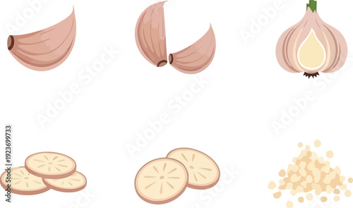 Garlic cloves and slices in various forms and arrangements