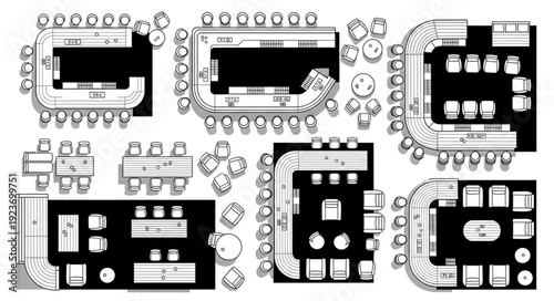 Top-down view of restaurant layout with various seating arrangements and tables.