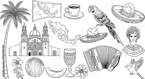 Hand Drawn Mexico Culture Vector Illustration Set with Sombrero Hat Map Architecture Parrot Coffee Accordion Palm Tree and Mexican Woman Icons
