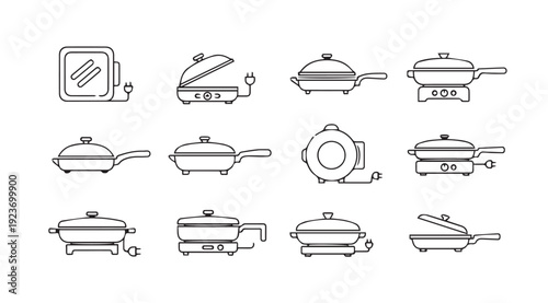 Collection of Electric Cookware Icons, Cooking Appliances, Kitchenware Line Art