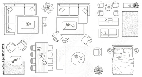Detailed top-down view of various furniture arrangements in a room.