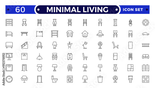 Minimal Living outline icon set. vector thin line outline symbols for ui/ux app and web interfaces. minimal stroke collection including clothes hanger, bookshelf, standing, decoration.