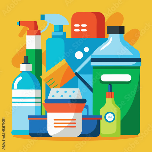 Collection of Household Cleaning Supplies and Tools